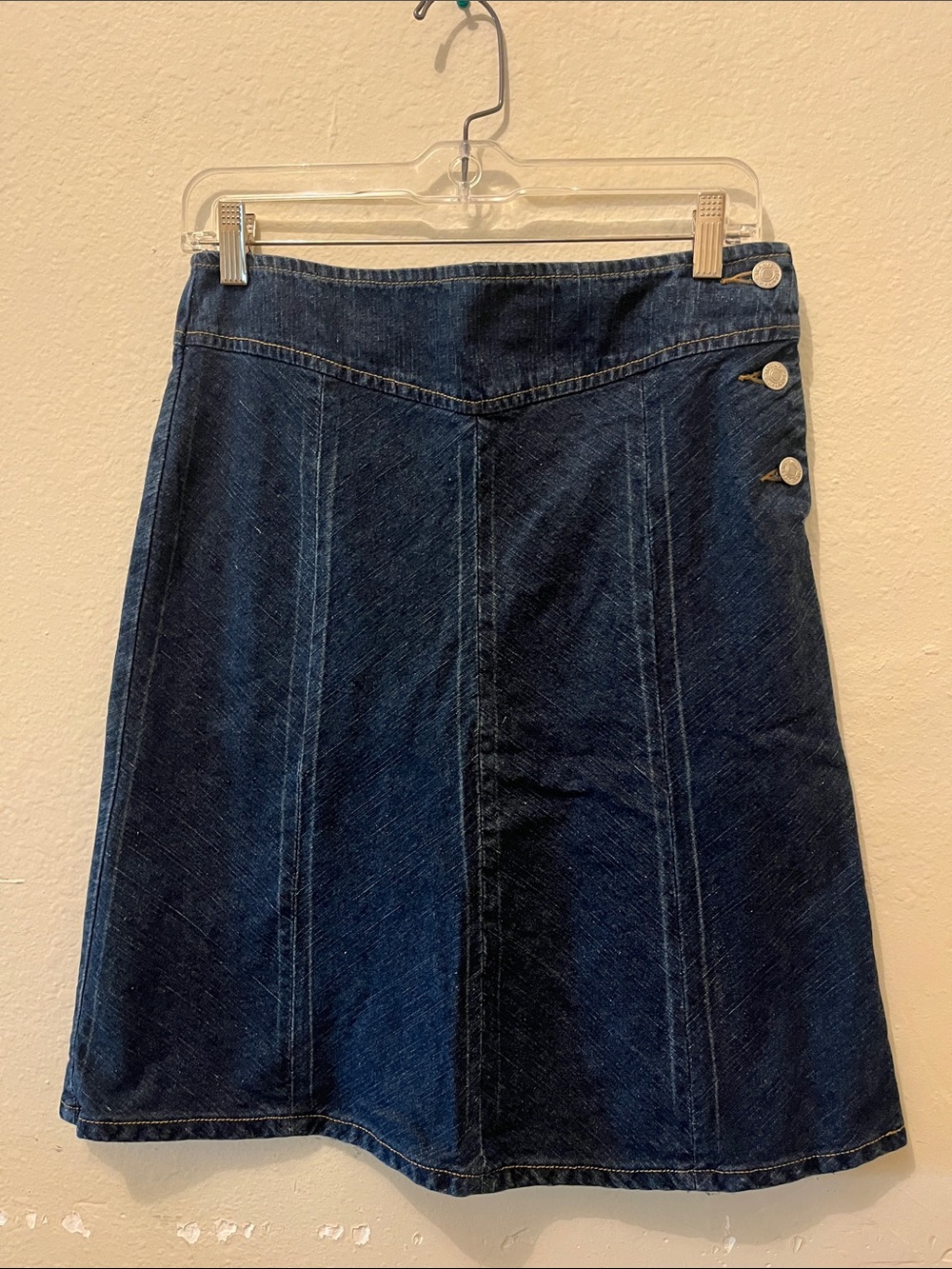Vintage Y2K Japanese Denim A-Line Skirt with Side Button Detail - Dark Blue